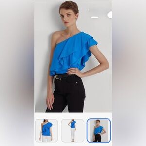 Lauren Ralph Lauren Vibrant Blue One-Shoulder Ruffle Blouse
